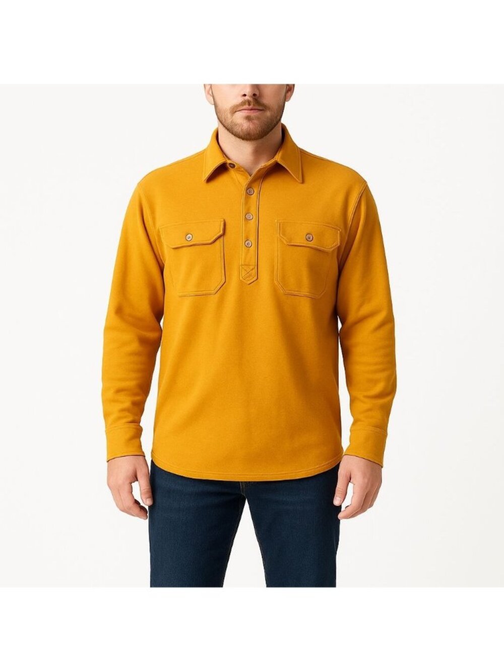 Duluth Trading Mens Shirt Ribbed Knit Yellow Long Sleeve Two Pocket 28719 Size L